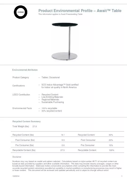 Product Environmental Profile Await™ Table 10/2014Tables: Occasio
