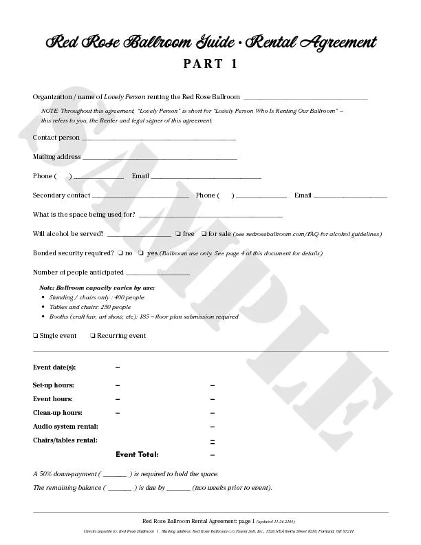 Red Rose Ballroom Rental Agreement: page 1 Checks payable to: Red Rose
