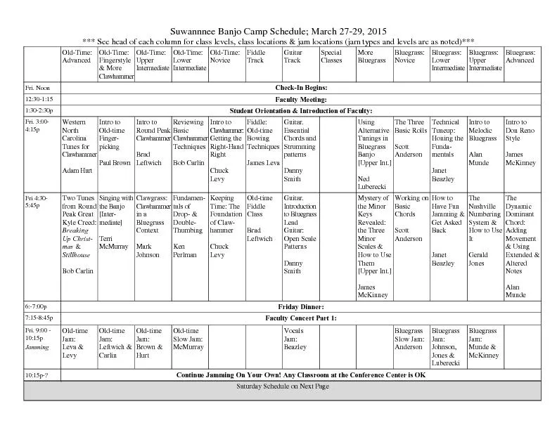 Suwannnee Banjo Camp Schedule; March 27