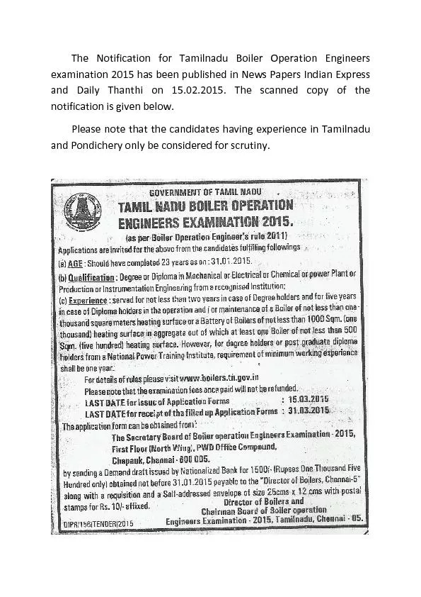 The Notification for Tamilnadu Boiler Operation Engineers