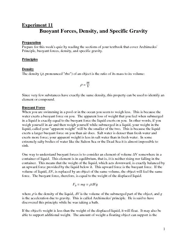 Buoyant Forces, Density, and Specific Gravity