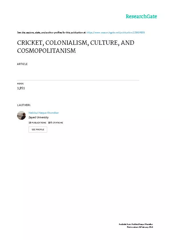 CRICKET, COLONIALISM, CULTURE, AND COSMOPOLITANISM