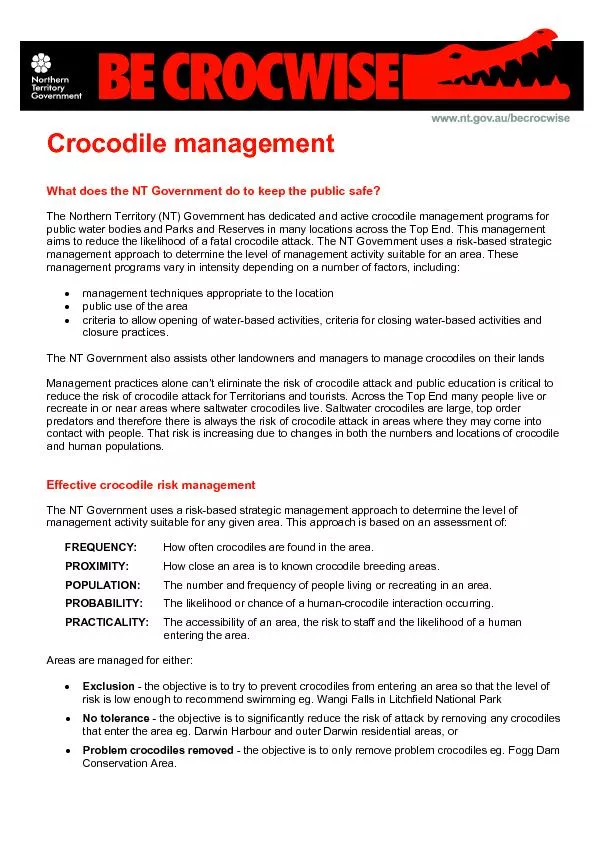 Crocodile anagementWhat does the NT Government doto keep the public sa