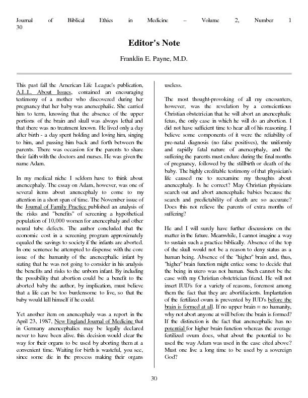 Journal30Editor's NoteFranklin E. Payne, M.D.ThisA.L.L. About Issues
.