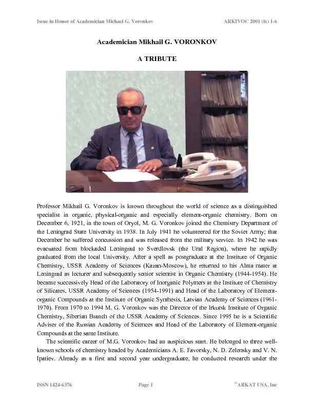 Issue in Honor of Academician Michael G. Voronkov ARKIVOC 2001 (ix) 1-