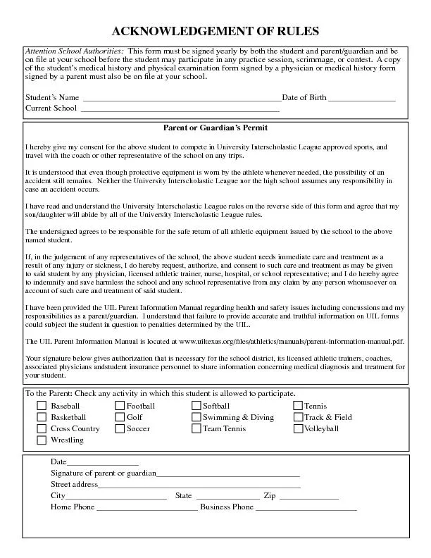 ACKNOWLEDGEMENT OF RULESAttention School Authorities:  This form must
