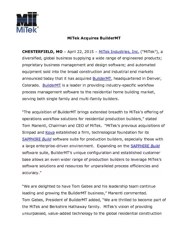 MiTek Acquires BuilderMT