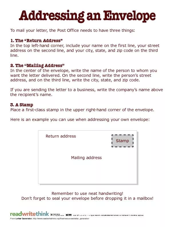 To mail your letter, the Post Office needs to have three things:
...