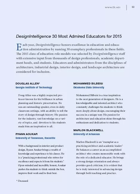DesignIntelligence 30 Most Admired Educators for 2015ach year, DesignI