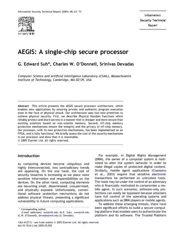 AEGIS:Asingle-chipsecureprocessorG.EdwardSuh,CharlesW.O