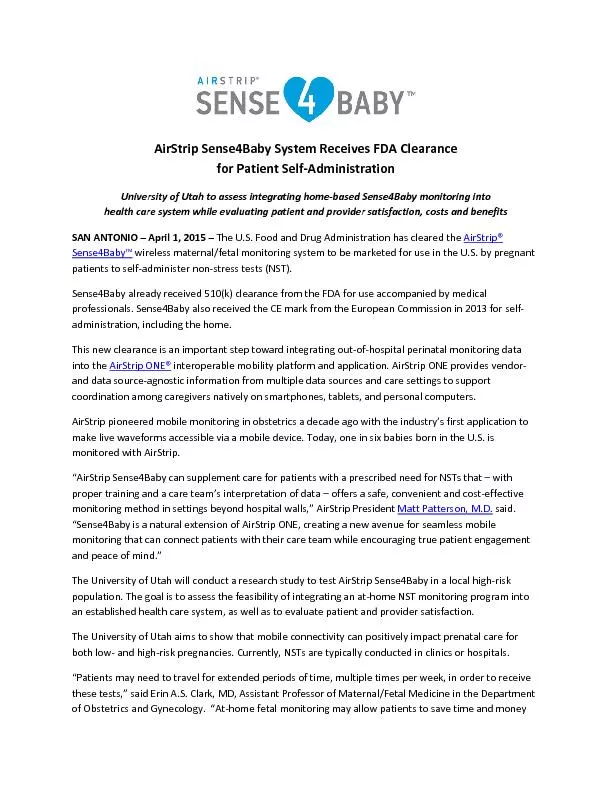 AirStrip Sense4Baby System Receives FDA Clearance for Patient SelfAdmi