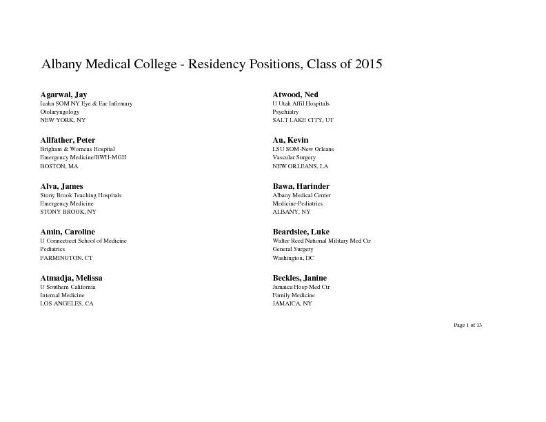 Albany Medical College Residency Positions, Class of 2015Agarwal, JayA