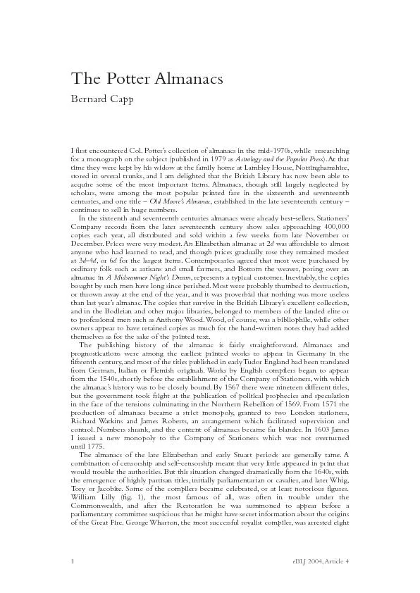 BLJ 2004,Article 4The Potter AlmanacsBernard Capp I first encountered