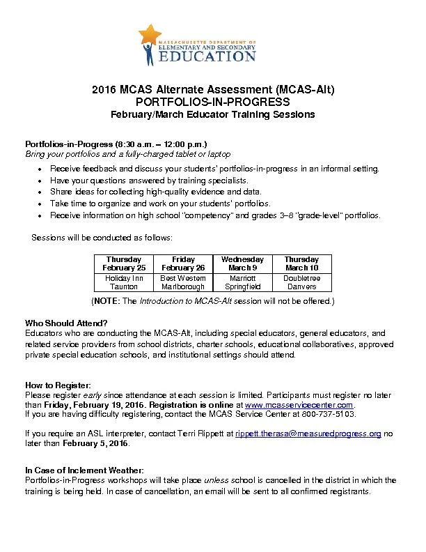 2016 MCAS Alternate Assessment (MCASAlt)PORTFOLIOSPROGRESSFebruary/Mar