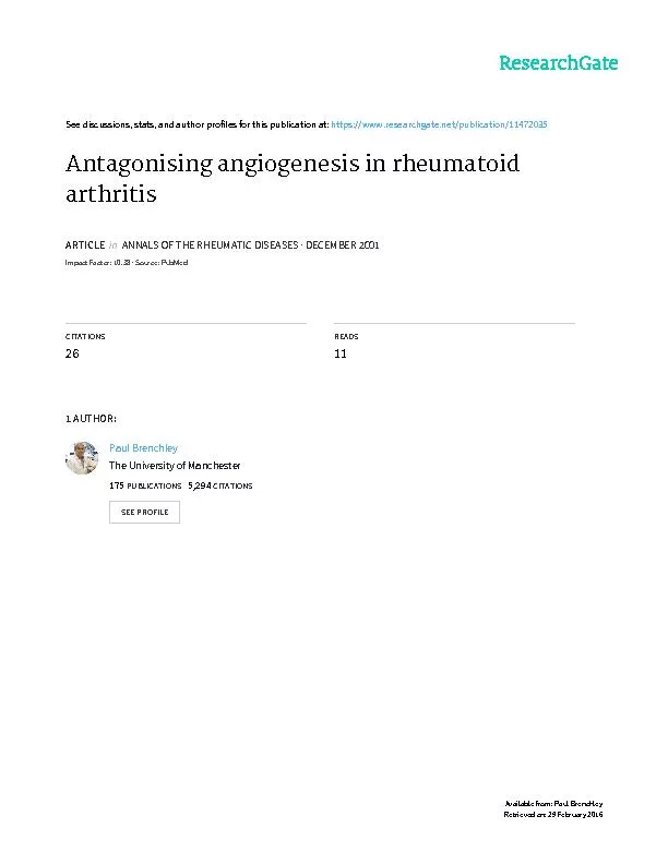 AntagonisingangiogenesisinrheumatoidarthritisPECBrenchleyAngiogenesisi