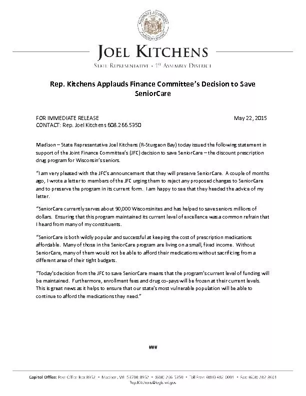 Rep. Kitchens Applauds Finance Committee’s Decision to Save 
..