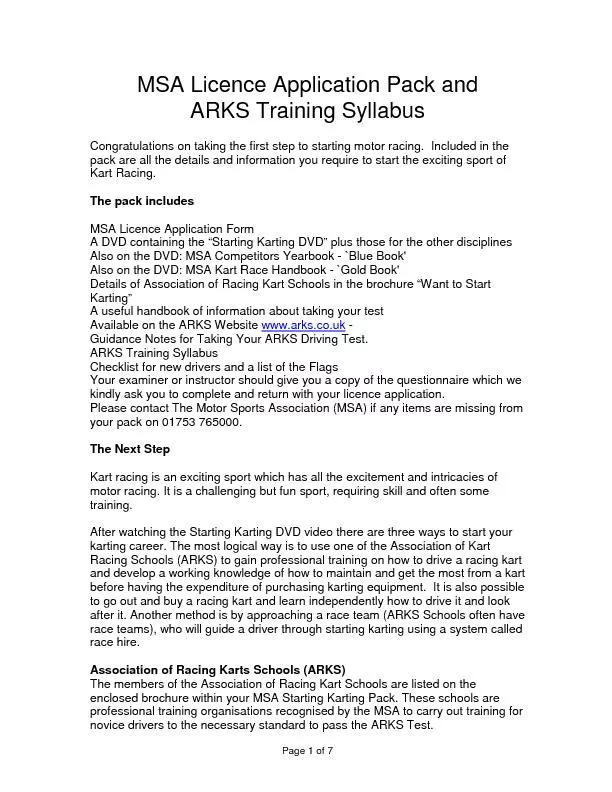 Page 1 of 7 MSA Licence Application Pack and ARKS Training Syllabus  C