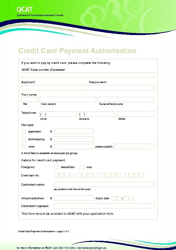 Credit Card Payment Authorisation – page 1 of 1