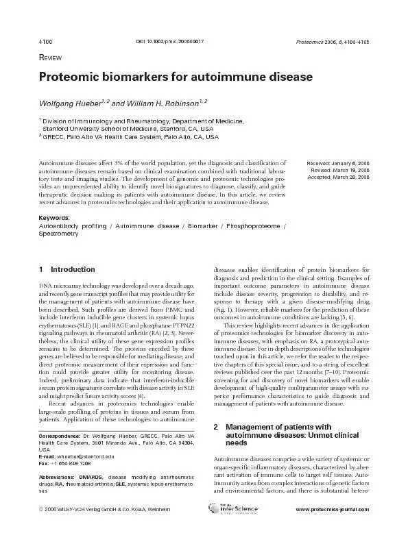 ProteomicbiomarkersforautoimmunediseaseWolfgangHueber1,2andWilliamH.Ro