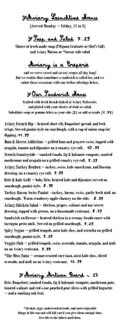 Aviary Lunchtime Menu