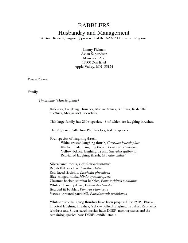 BABBLERS Husbandry and Management A Brief Review, originally presented