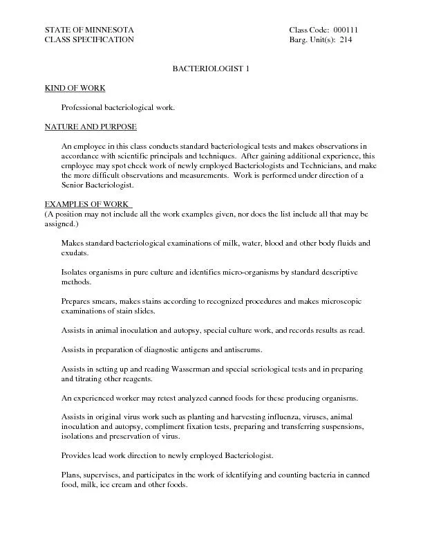 Bacteriologist 1Class SpecificationPage 2Makes inspections of food pro