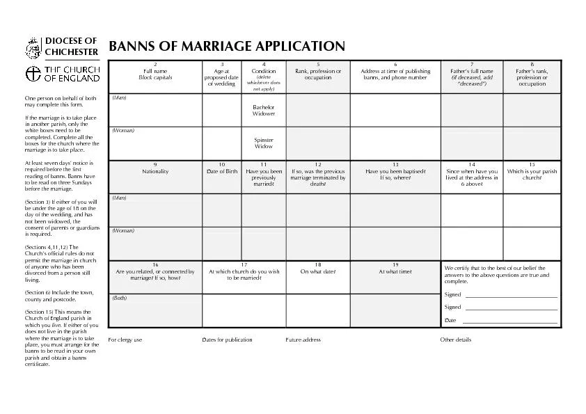BANNS OF MARRIAGE APPLICATION2Full nameBlock capitals3Age atproposed d