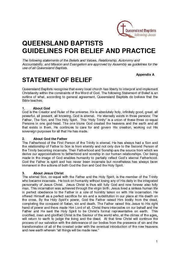QUEENSLAND BAPTISTS GUIDELINES FOR BELIEF AND PRACTICE    The followin
