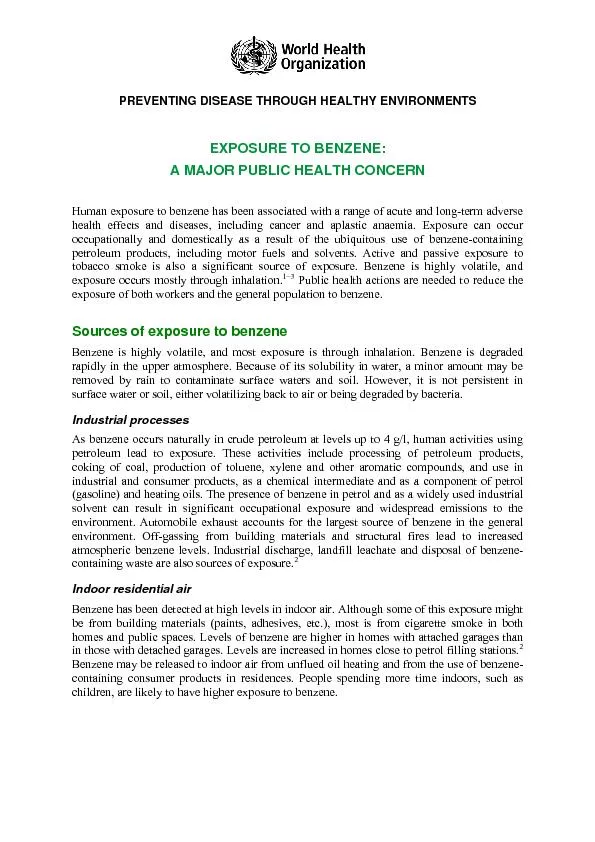 PREVENTING DISEASE THROUGH HEALTHY ENVIRONMENTS EXPOSURE TO BENZENE: A