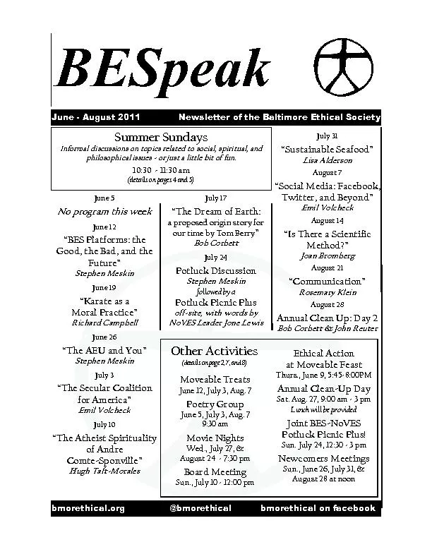 June - August 2011     Newsletter of the Baltimore Ethical Society