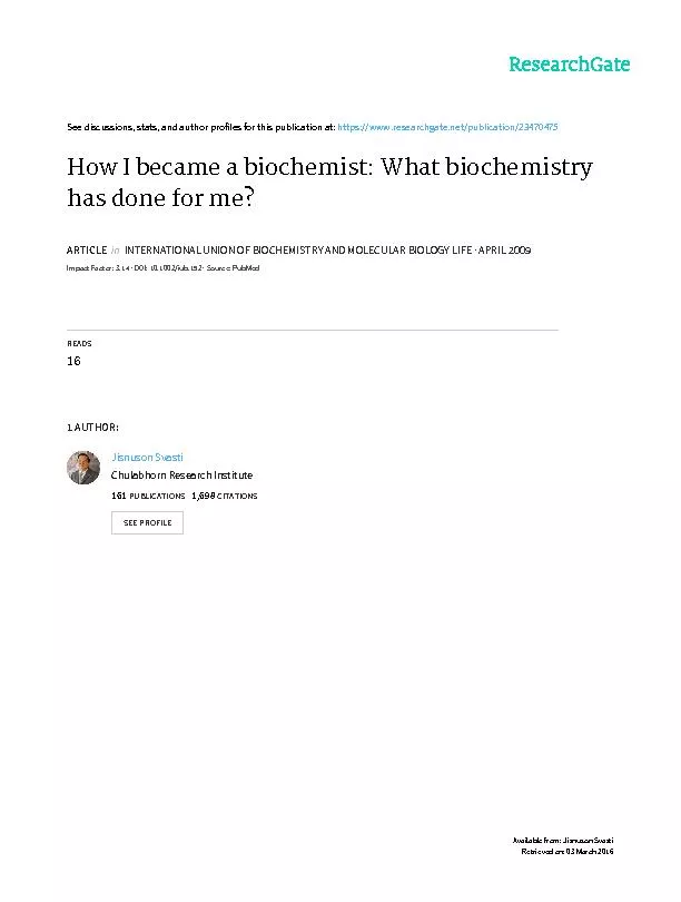 HowIBecameaBiochemist:WhatBiochemistryhasDoneforMe?JisnusonSvastiDepar