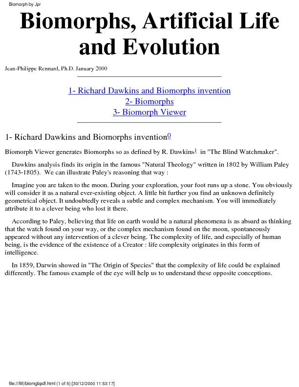 Biomorphs, Artificial Lifeand EvolutionJean-Philippe Rennard, Ph.D. Ja