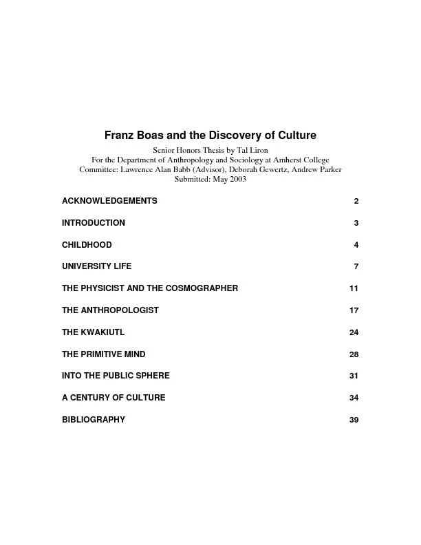 Franz Boas and the Discovery of Culture Senior Honors Thesis by Tal Li