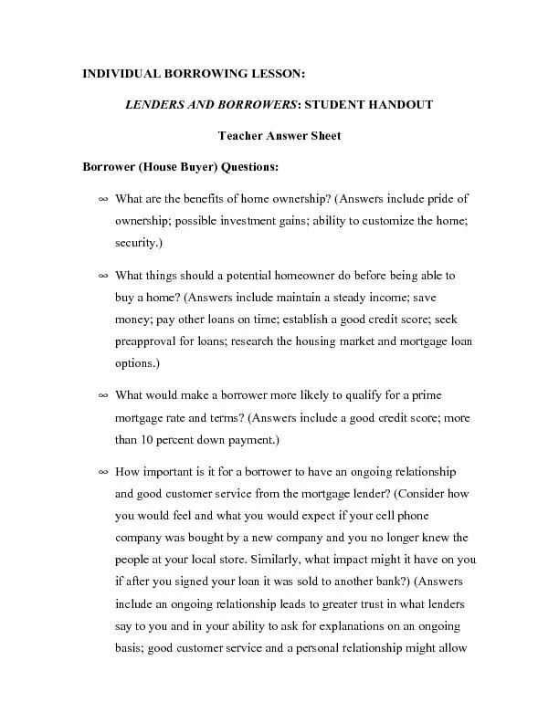 INDIVIDUAL BORROWING LESSON: LENDERS AND BORROWERS: STUDENT HANDOUT Te