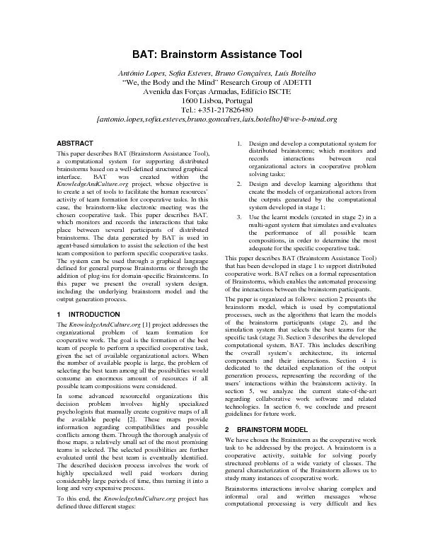 ABSTRACT This paper describes BAT (Brainstorm Assistance Tool), a comp