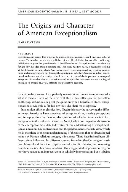 AMERICANEXCEPTIONALISM:ISITREAL,ISITGOOD?TheOriginsandCharacterofAmeri
