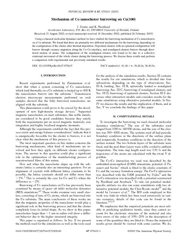 MechanismofConanoclusterburrowingonCuJ.FrantzandK.NordlundAcceleratorL