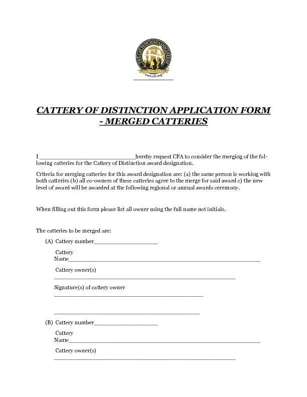 CATTERY OF DISTINCTION APPLICATION FORM