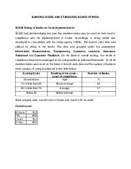 BANKING CODES AND STANDARDS BOARD OF INDIA BCSBI Rating of Banks on Code implementation