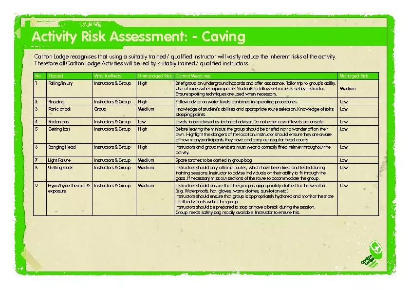 Activity Risk Assessment: - Caving