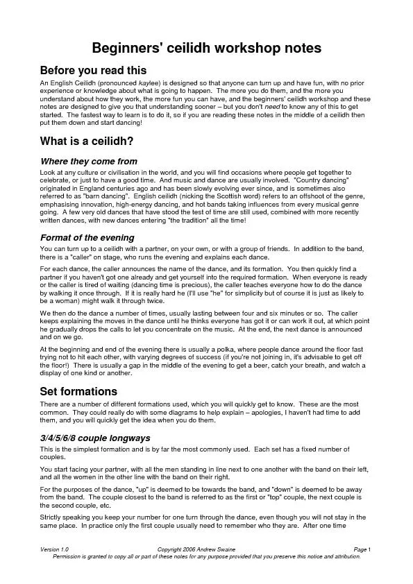 Version 1.0 Copyright 2006 Andrew Swaine Page 1 Permission is granted