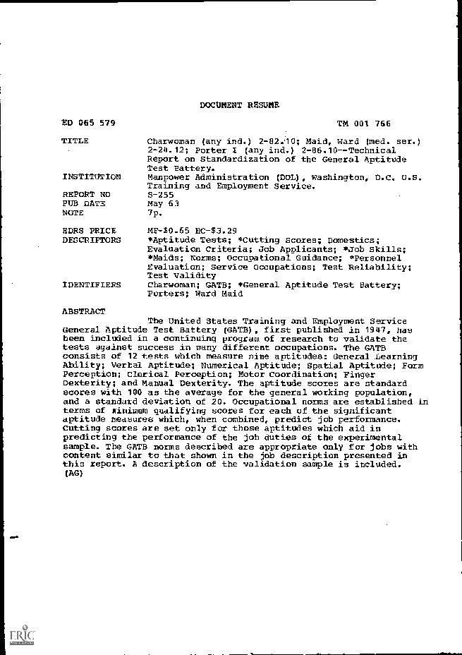 DOCUMENT RESUMEED 065 579TM 001 766TITLECharwoman (any ind.) 2-82.10;