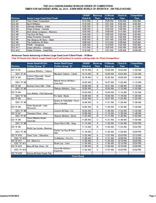 THE 2015 CHEERLEADING WORLDS ORDER OF COMPETITIONTIMES FOR SATURDAY AP