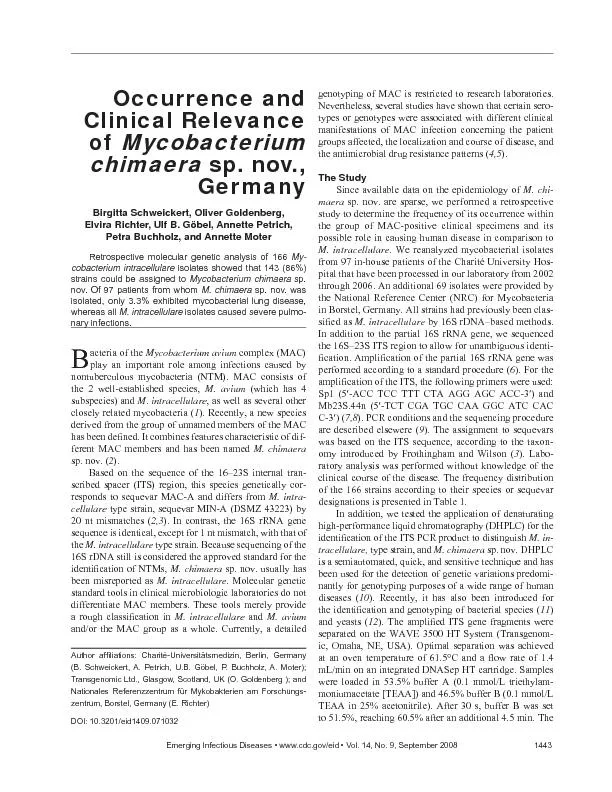Occurrence and Clinical Relevance of Mycobacterium chimaera sp. nov.,