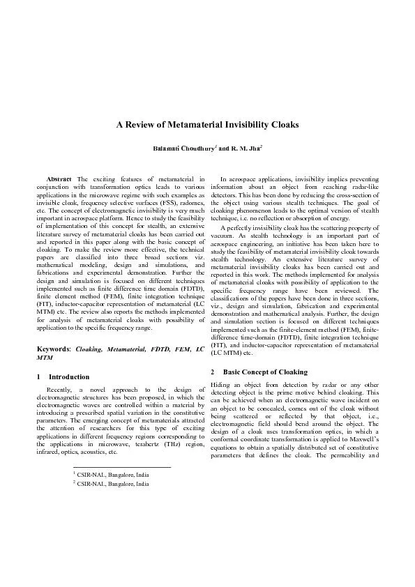 A Reviewof Metamaterial Invisibility CloaksBalamati Choudhuryand R.M.J