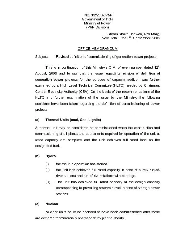No. 3/2/2007/P&P Government of India Ministry of Power (P&P Division)