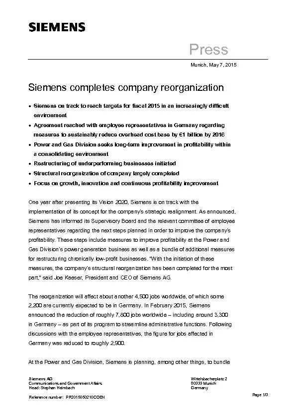 Siemens completes company reorganizationSiemenson trackto reachtargets