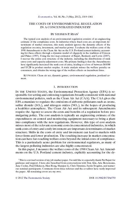 ,Vol.80,No.3(May,2012),1019–1061THECOSTSOFENVIRONMENTALREGULATION