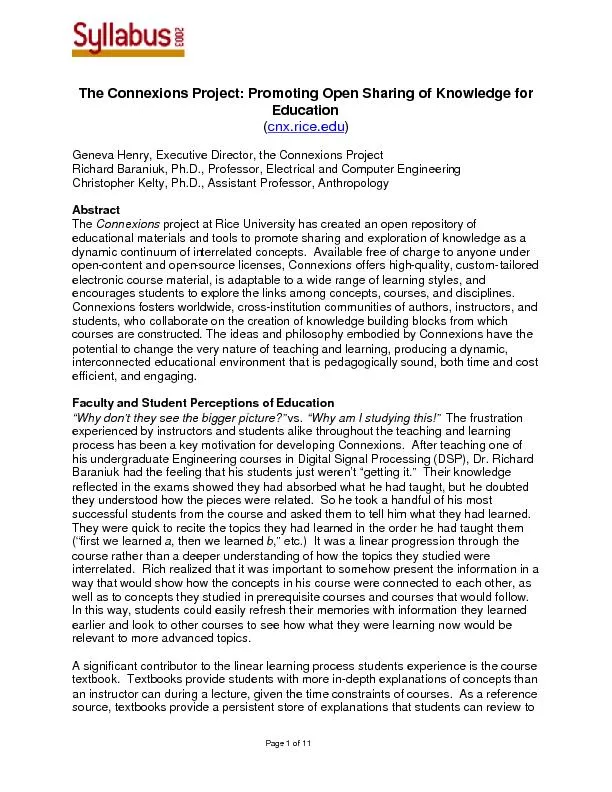 Page 1 of 11  The Connexions Project: Promoting Open Sharing of Knowle