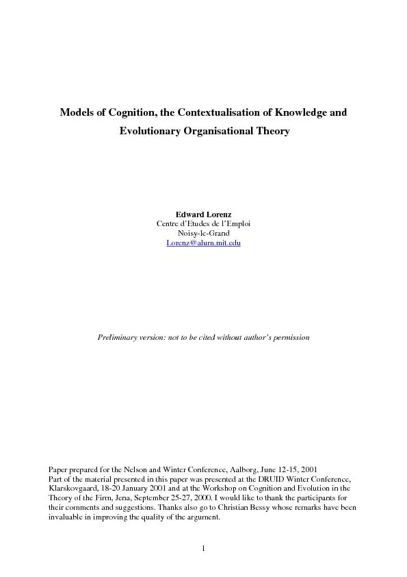Models of Cognition, the Contextualisation of Knowledge andEdward Lore